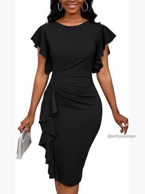 Vintage Church Dress Ruffle Sleeve Bodycon Midi Work Pencil Dress Crew Neck